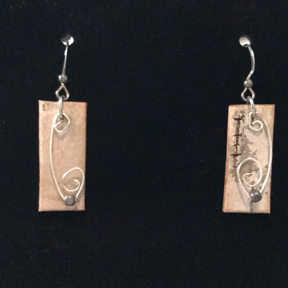 Handmade boho birch bark and silver wire fishhook earrings
